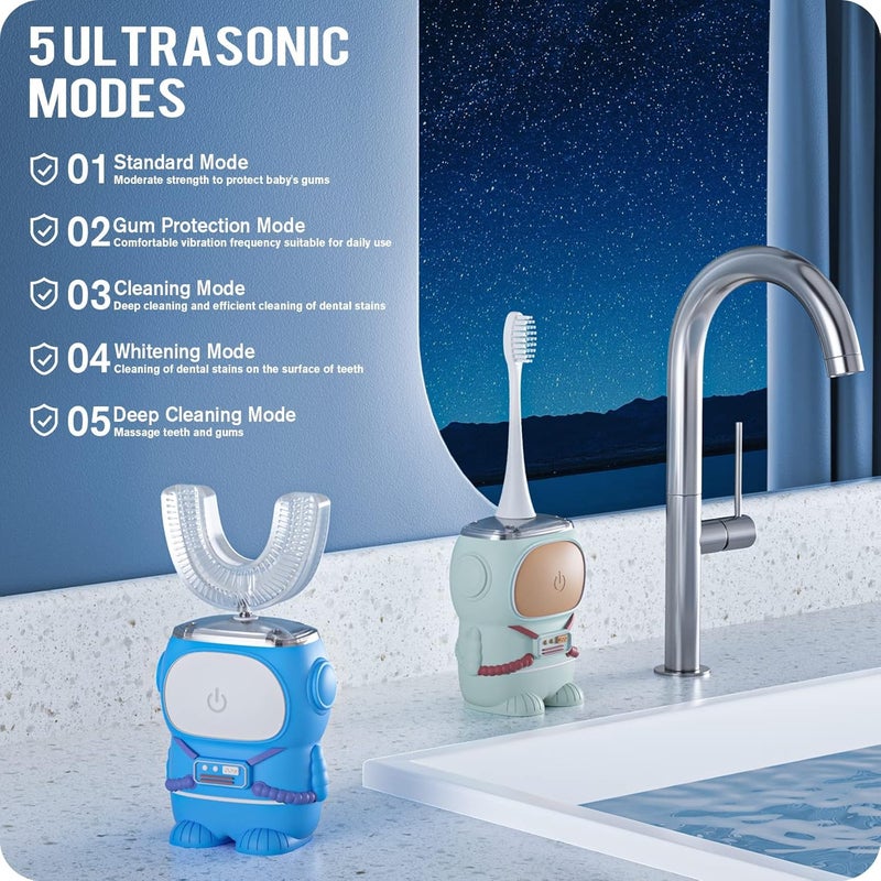 RexCodar Ultrasonic Kid's U-Shaped Electric Toothbrush, IPX7 Waterproof, Five Cleaning Modes, Cartoon Astronaut, 60S Smart Reminder (2-6 Age (Blue)) - Image 3